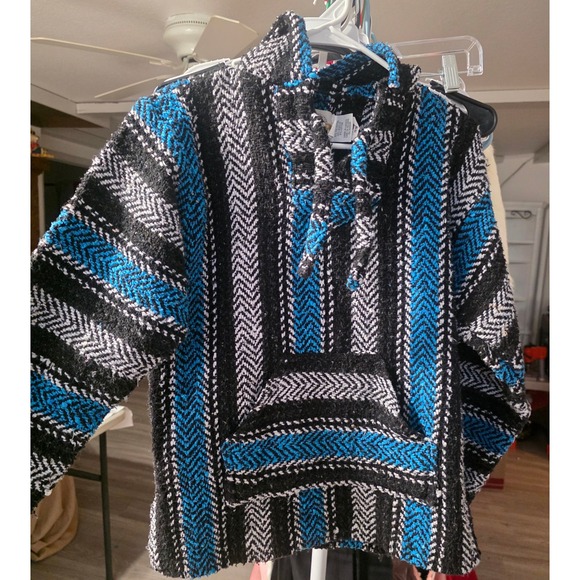 Earth Ragz Baja Hoodie Pullover Black Blue White Striped Medium - Picture 1 of 6